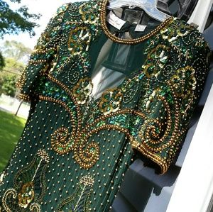Vintage Laurence Kazar Beaded green evening dress